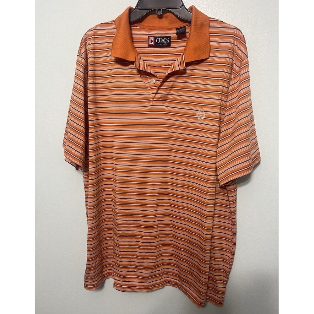 Chaps Men's XL Orange White Blue Striped Short Sleeve Collared Polo Shirt